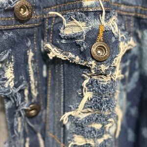 Frayed Denim Jacket with Metal Button